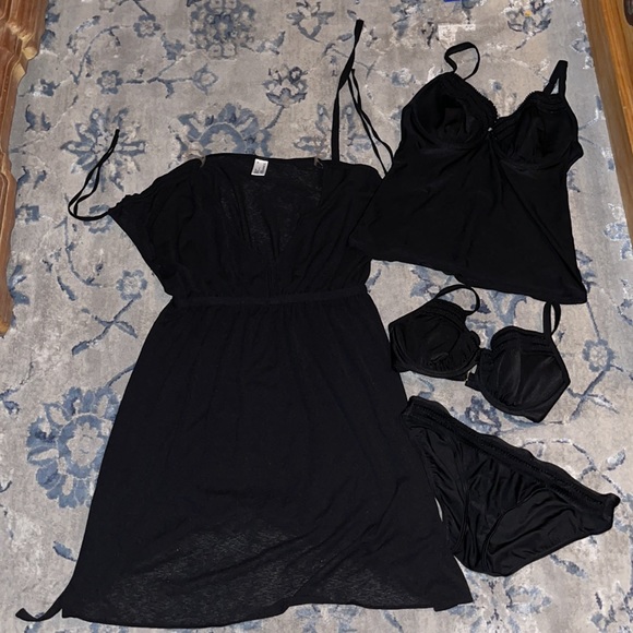 Black 4 piece swim bundle matching size 8 Medium Tankini, coverup and bikini top - Picture 2 of 10